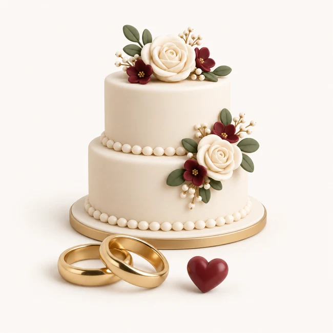 Niedliche 3D-Hochzeitstorte mit goldenen Ringen